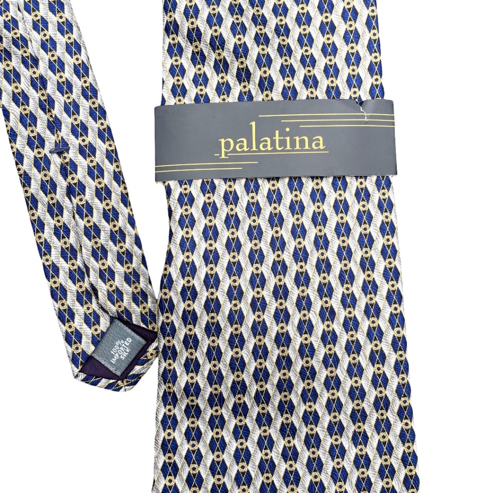 Palatina Blue & Gold Diamond Geometric Pattern Tie 100% Silk NWT Business Formal